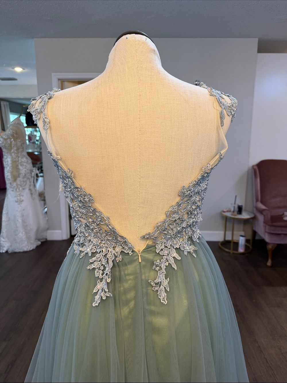 Elegant Sage dusty teal Green Tulle Evening Dress with Lace Appliqué - Picture 7 of 11